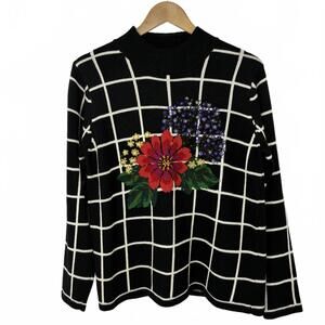 Vintage Marisa Christina Black White Checkered Sweater with Floral Embroidery, M